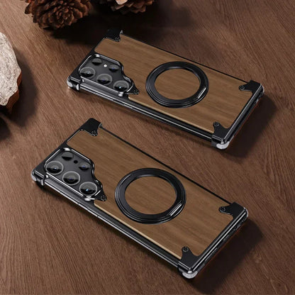 Walnut Wood Aluminum Alloy Magnetic Ring Stand Frameless Case For Samsung