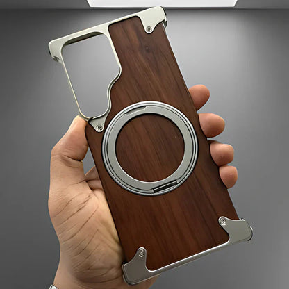 Walnut Wood Aluminum Alloy Magnetic Ring Stand Frameless Case For Samsung