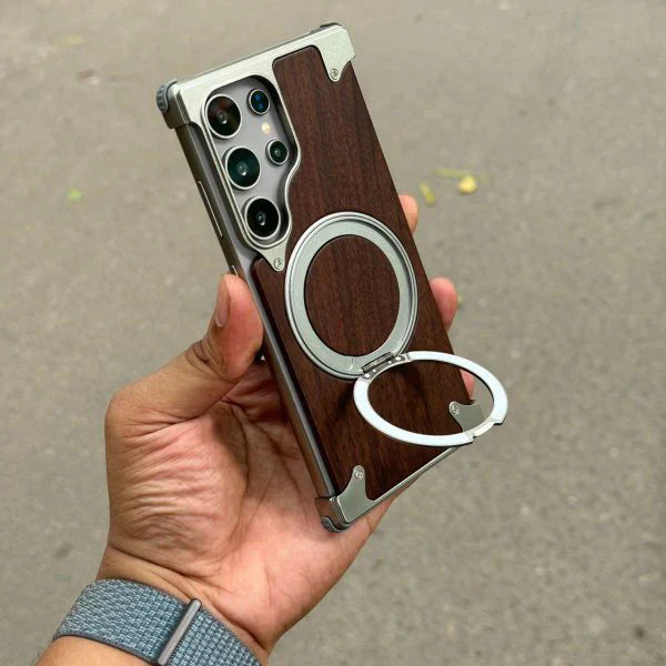 Walnut Wood Aluminum Alloy Magnetic Ring Stand Frameless Case For Samsung